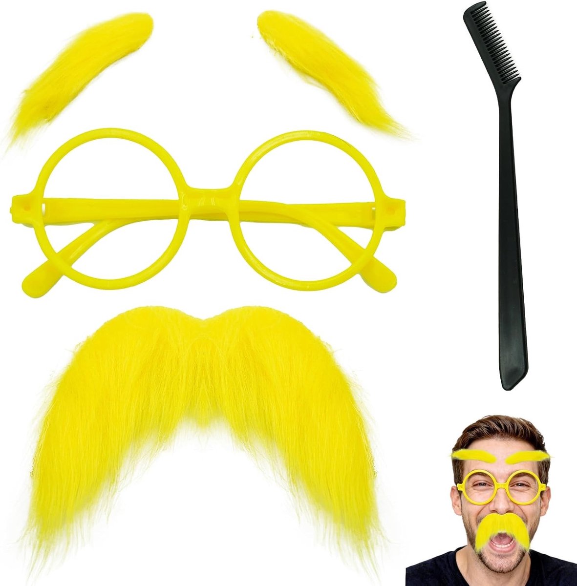 Set met Gele Snor en Wenkbrauwen, Zelfklevende Snorren, Carnavalsbril voor Grappige Kostuums, Kunstmatige Baard en Borstel voor Cosplay Feestjes en Themapartijen