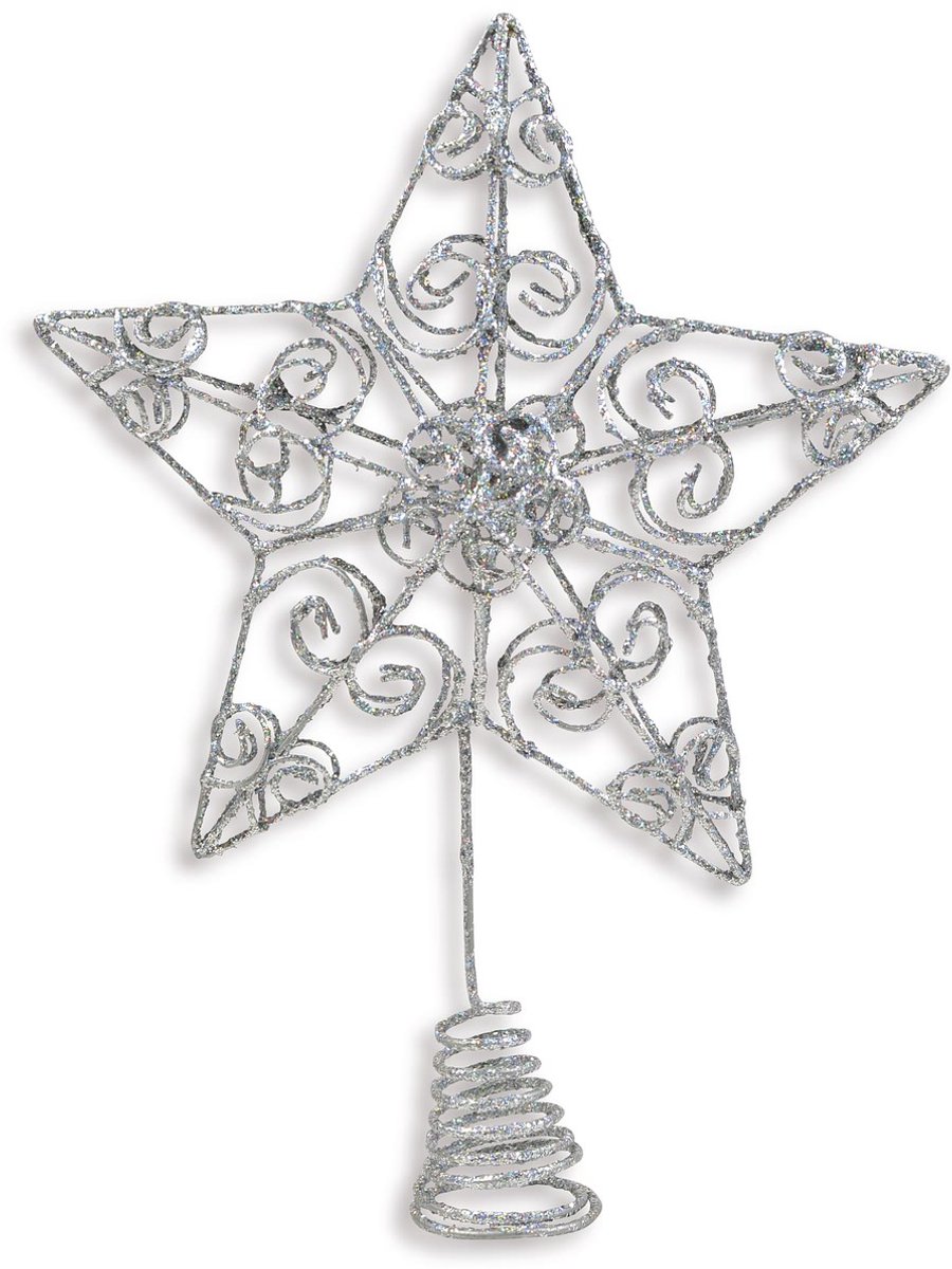 Kerstboompiek Barok Ster Zilverkleurig met Zilverglitter 20 cm