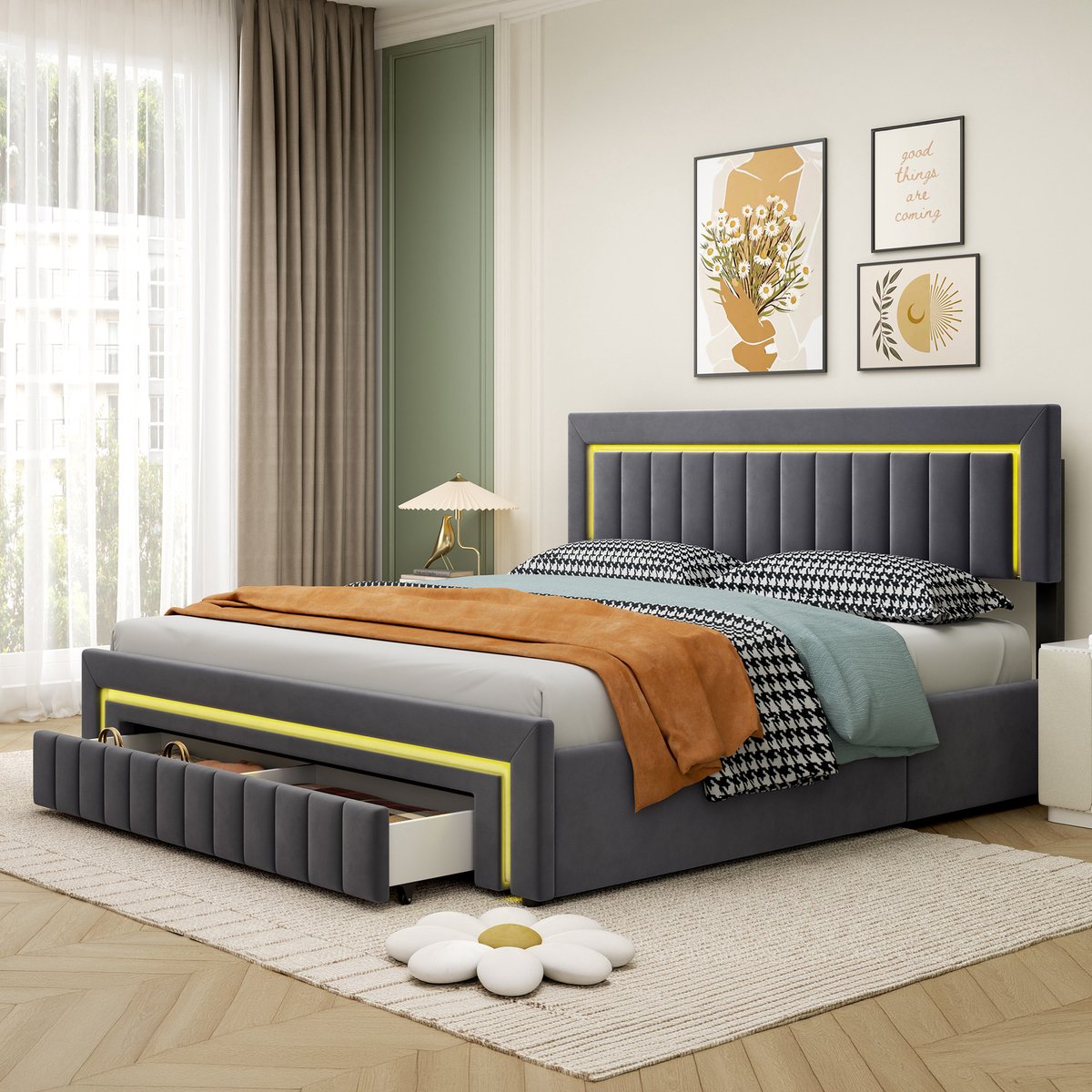 STILVORA Bedframe - Opbergfunctie Met LED Verlichting En Laden - 180 x 200 cm - Fluweel En Metaal - Donkergrijs - Voor Moderne Slaapkamer