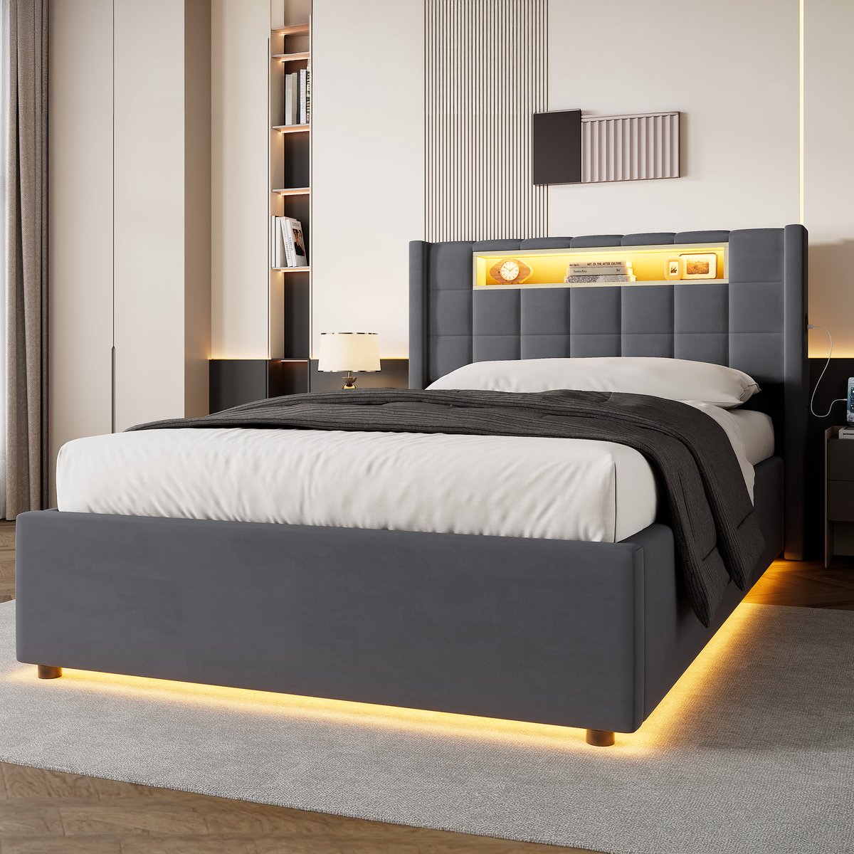 STILVORA Opbergbed – LED En Laadfunctie – 90 x 200 cm – Fluweel – Donkergrijs En Grijs – Eenpersoonsbed Voor Slaapkamer – Hydraulische Opbergruimte