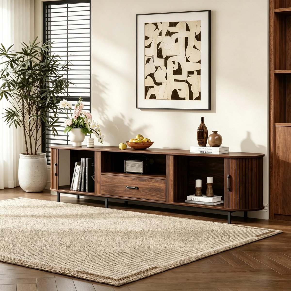 HAUSS SPOLE TV Meubel - Retro Ontwerp Met Schuifdeuren En Lade - Voor Woonkamer En 75 Inch Tv - MDF - Walnoot - 180x40x50 Cm