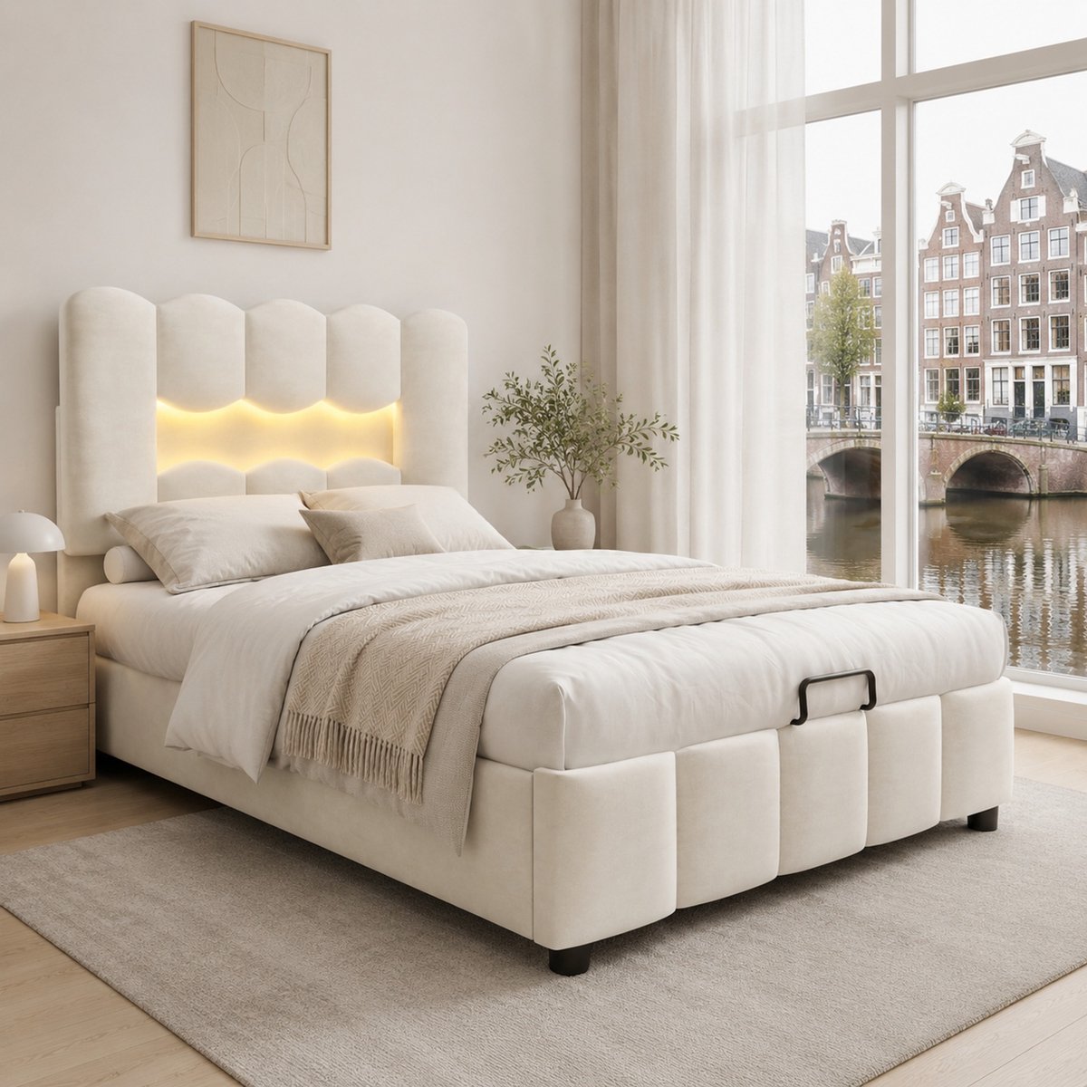 WUVRIE Gestoffeerd bed 90 x 200 cm zonder matras, met LED-verlichting en hydraulische opbergruimte, verstellbaar hoofdbord, beige stof
