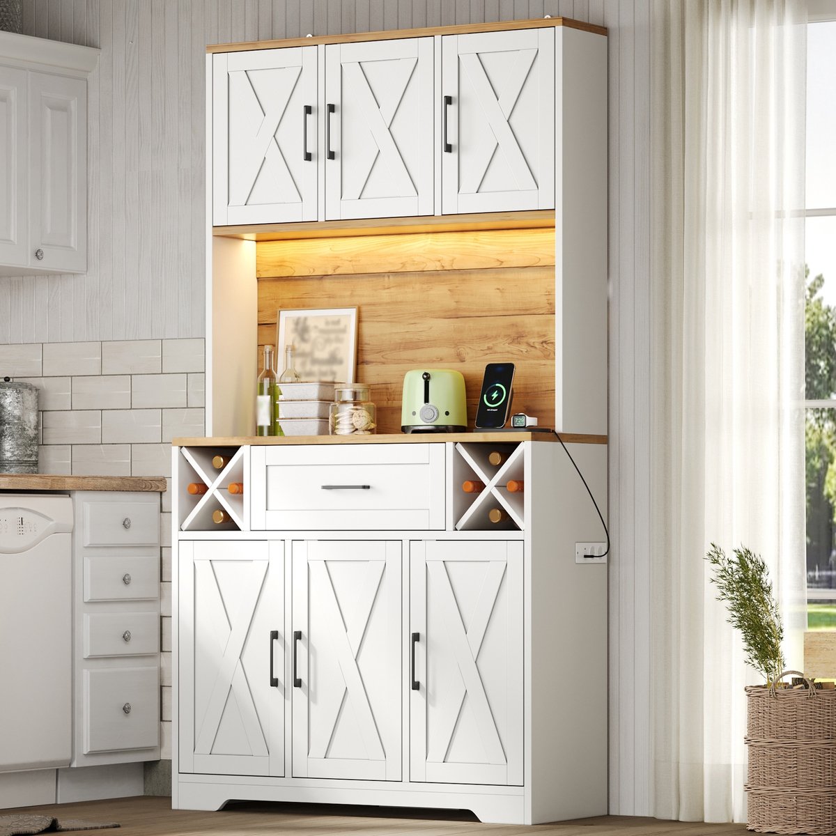 Keukenkast Hoge Voorraadkast Met Ledverlichting En Wijnrekken Voor Keuken Eetkamer En Woonkamer Van Mdf 105 X 40 X 180 Cm Naturel Wit