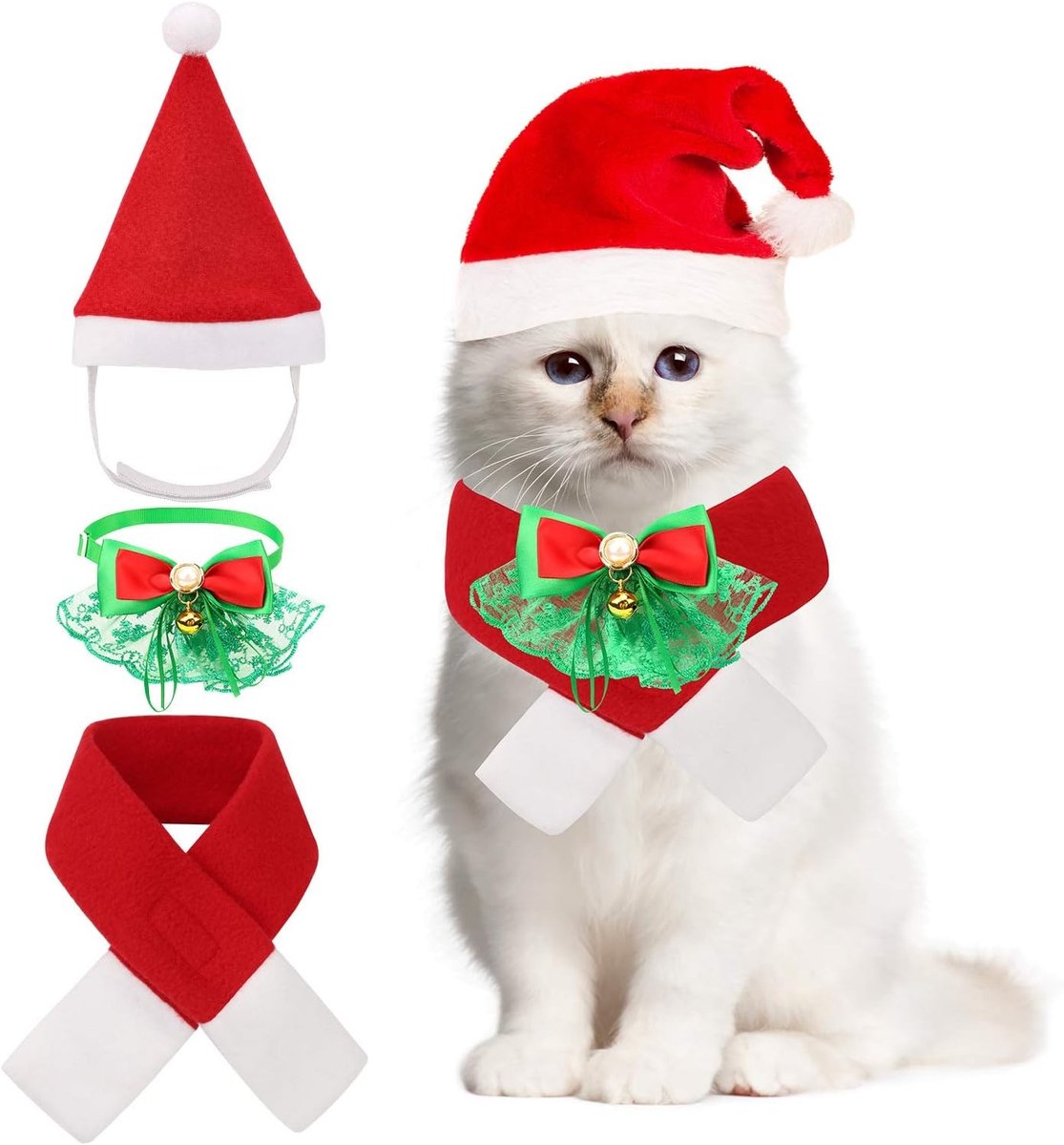 Kerstkostuum voor Huisdieren met Strik, Santa Hoed en Sjaal voor Katten en Honden, Feestelijke Kleding voor Dieren