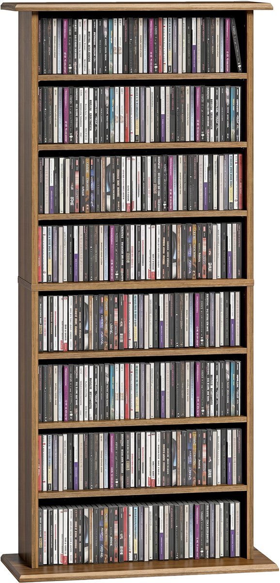 Opbergrek voor CD, DVD en Blu-ray - 8 vakken - 6 verstelbare legplanken - Max. capaciteit 360 cd's of 185 dvd's/blu-rays - Notenhout afwerking - Geschikt voor cd, dvd en blu-ray