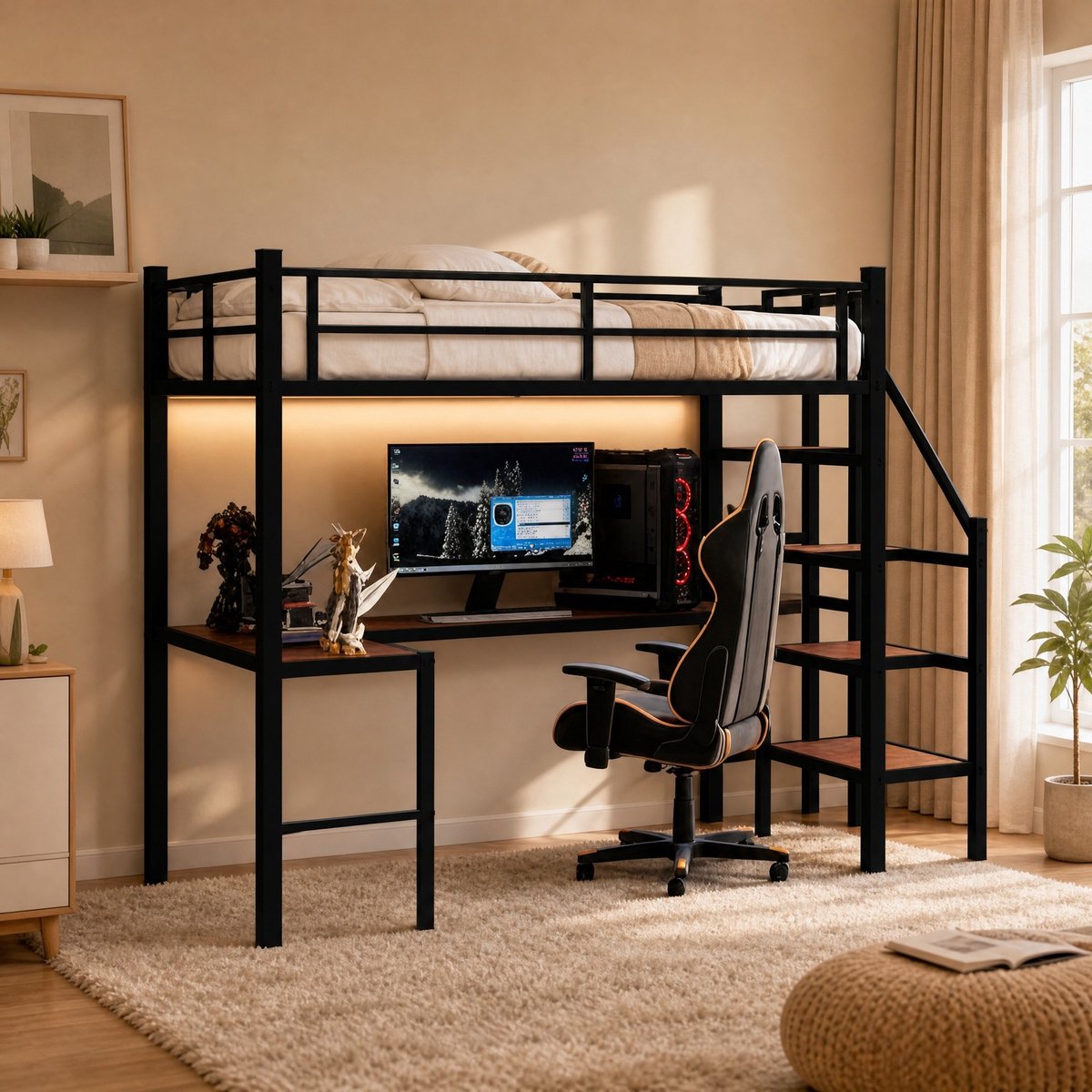 COVREO Hoogslaper met L-vormig bureau – 90x190 cm – Bed met trap en opbergruimte – voor kinderkamer – Zwart - zonder matras