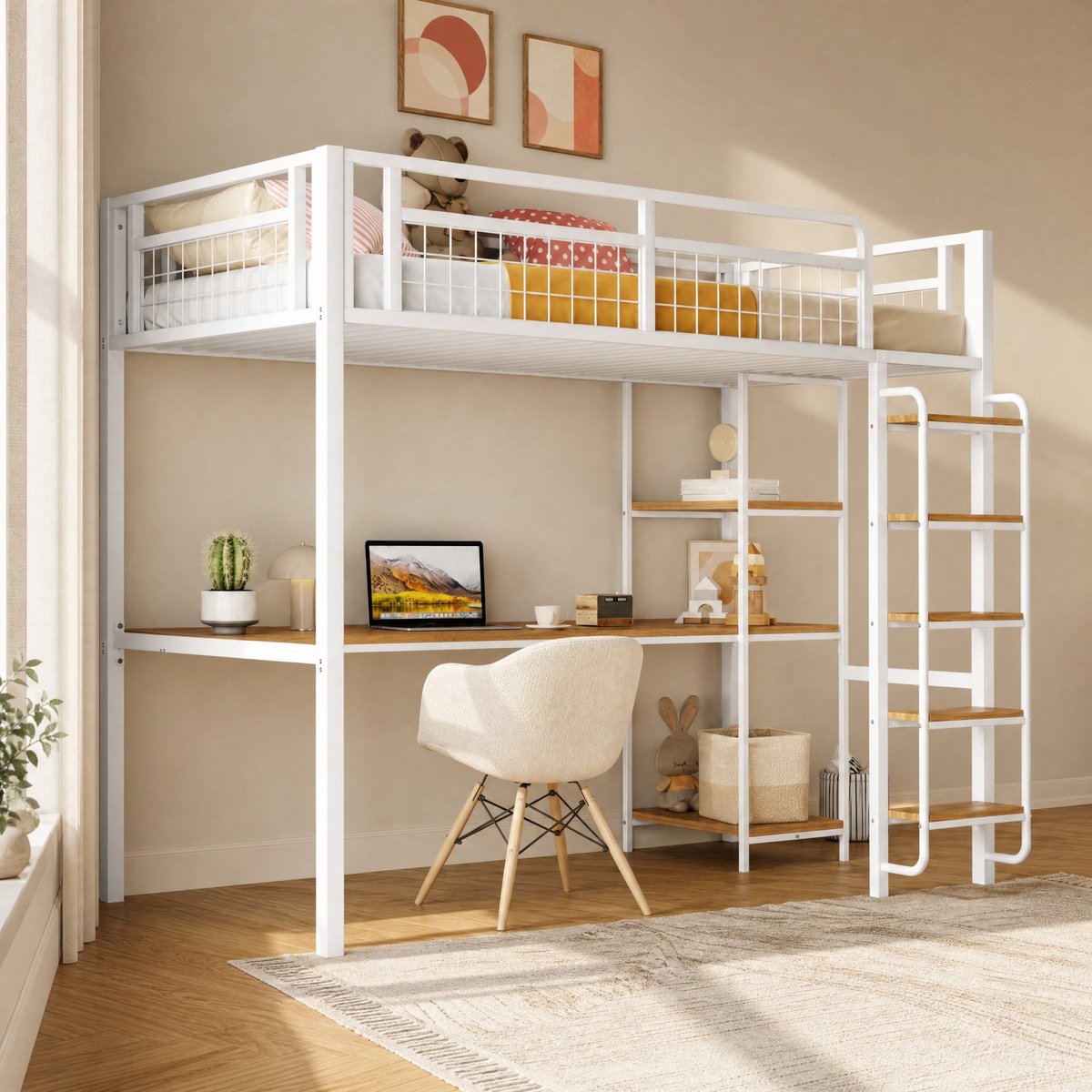 COVREO Hoogslaper 90x200 cm - Wit - Metaal Hoogslaper met Bureau en Opbergrekken - Veiligheidsleuning Trap