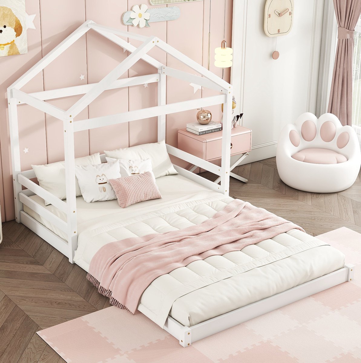 COVREO Huisbed met lattenbodem – 140x200 cm – Kinderbed in huisvorm – Slaapplek voor kinderkamer met 7 latten – Wit - zonder matras