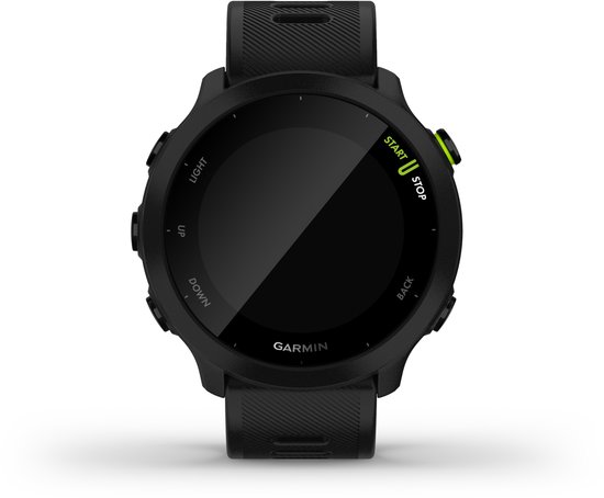 Zwart Garmin Forerunner 55 sporthorloge met een ronde wijzerplaat en zwarte band.