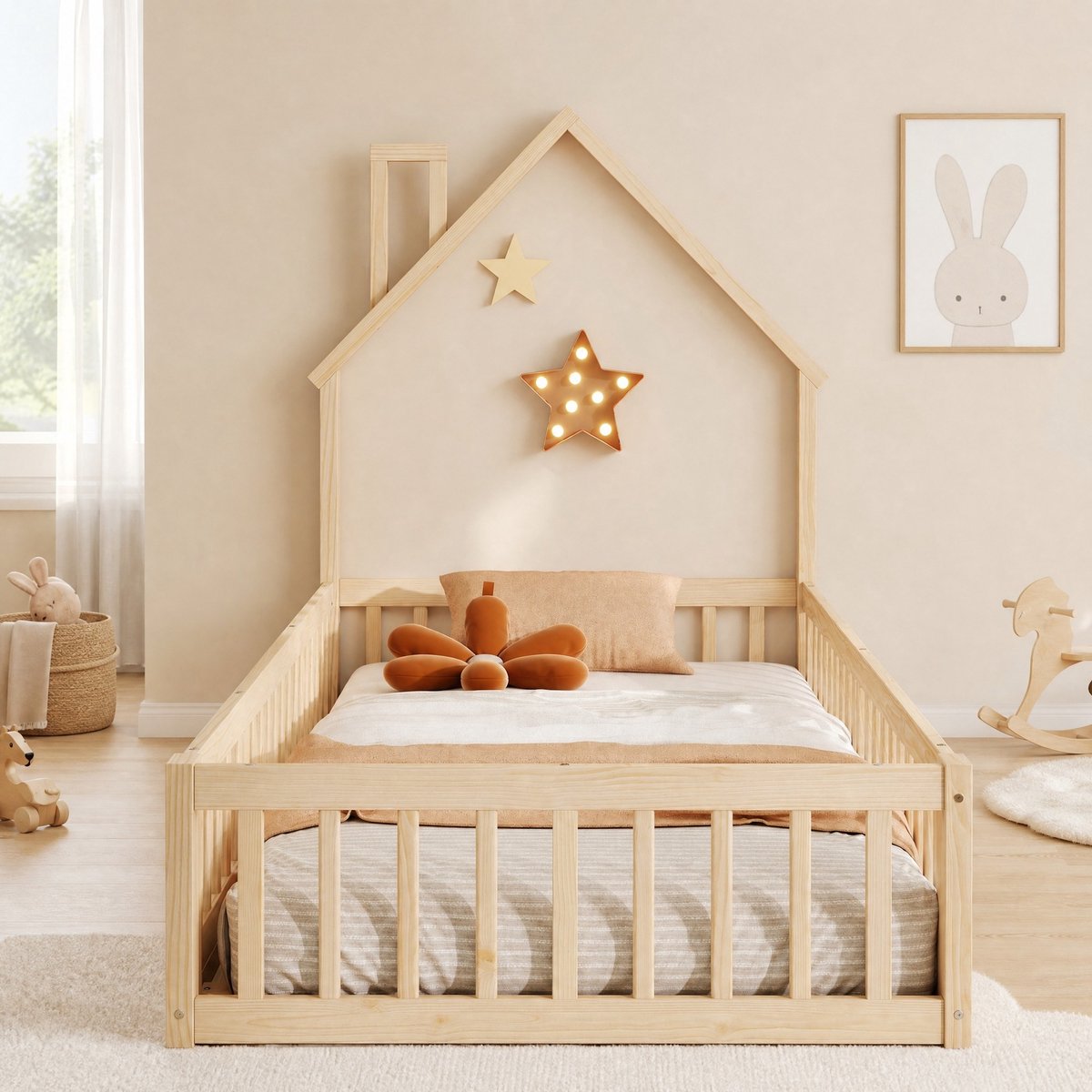 COVREO Kinderbed met veiligheidshek – 90x200 cm – Huisbed met schoorsteen – voor kinderkamer – Naturel - zonder matras