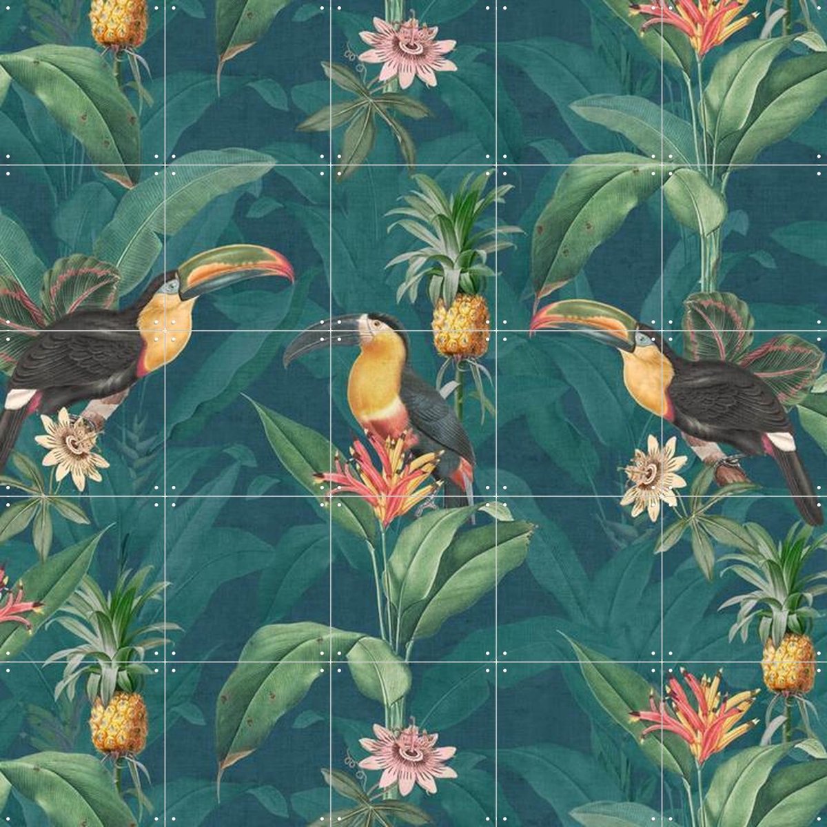 IXXI Tropical vintage toucan and pineapples, Bloomery Decor - 100 x 100 cm - Gratis ophangtool - Grote wanddecoratie en posters