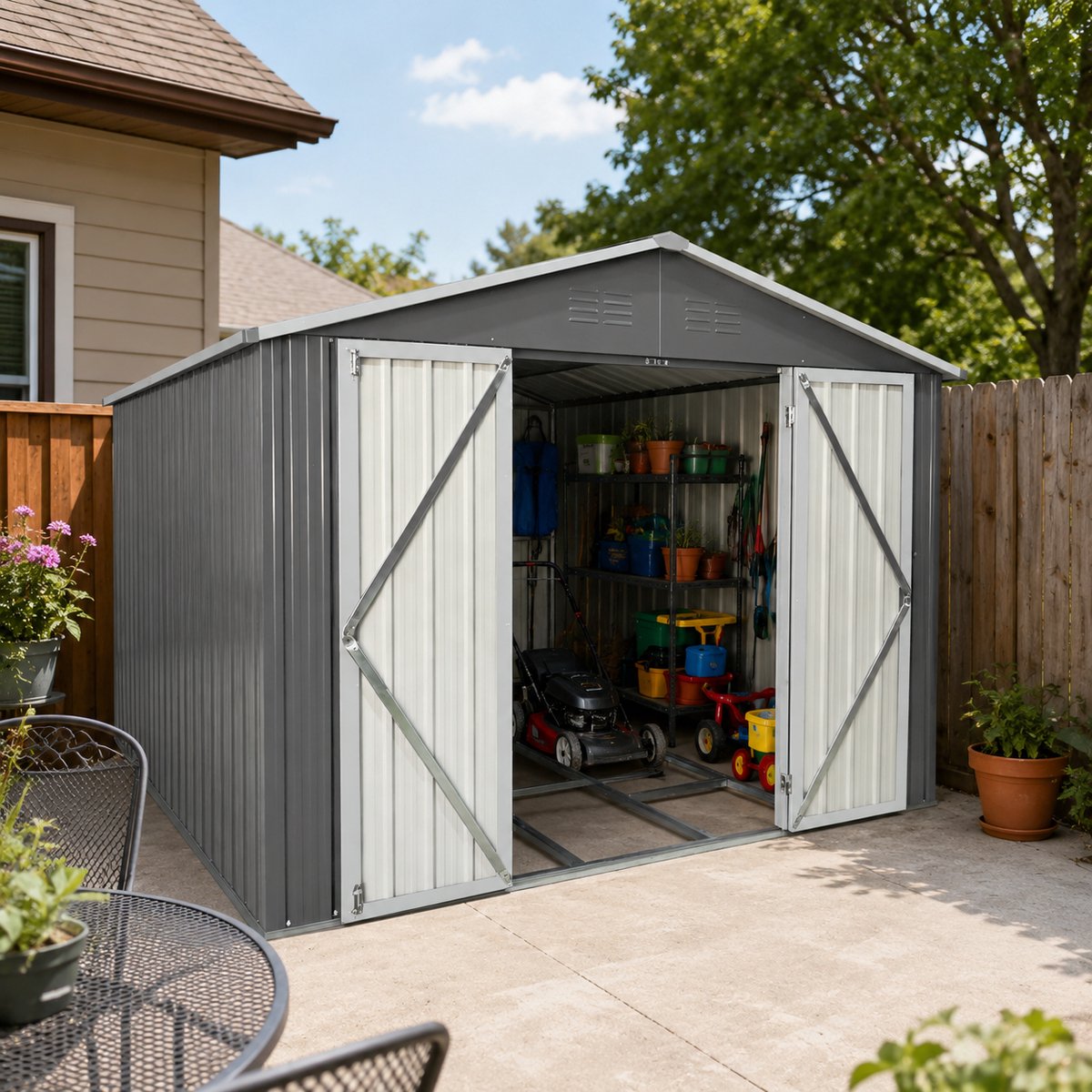 Metalen tuinschuur 10x8 ft - Met puntdak - Met geïntegreerd vloerframe - Voor buitenopslag - Kleur grijs - Oppervlakte 7,46 m²