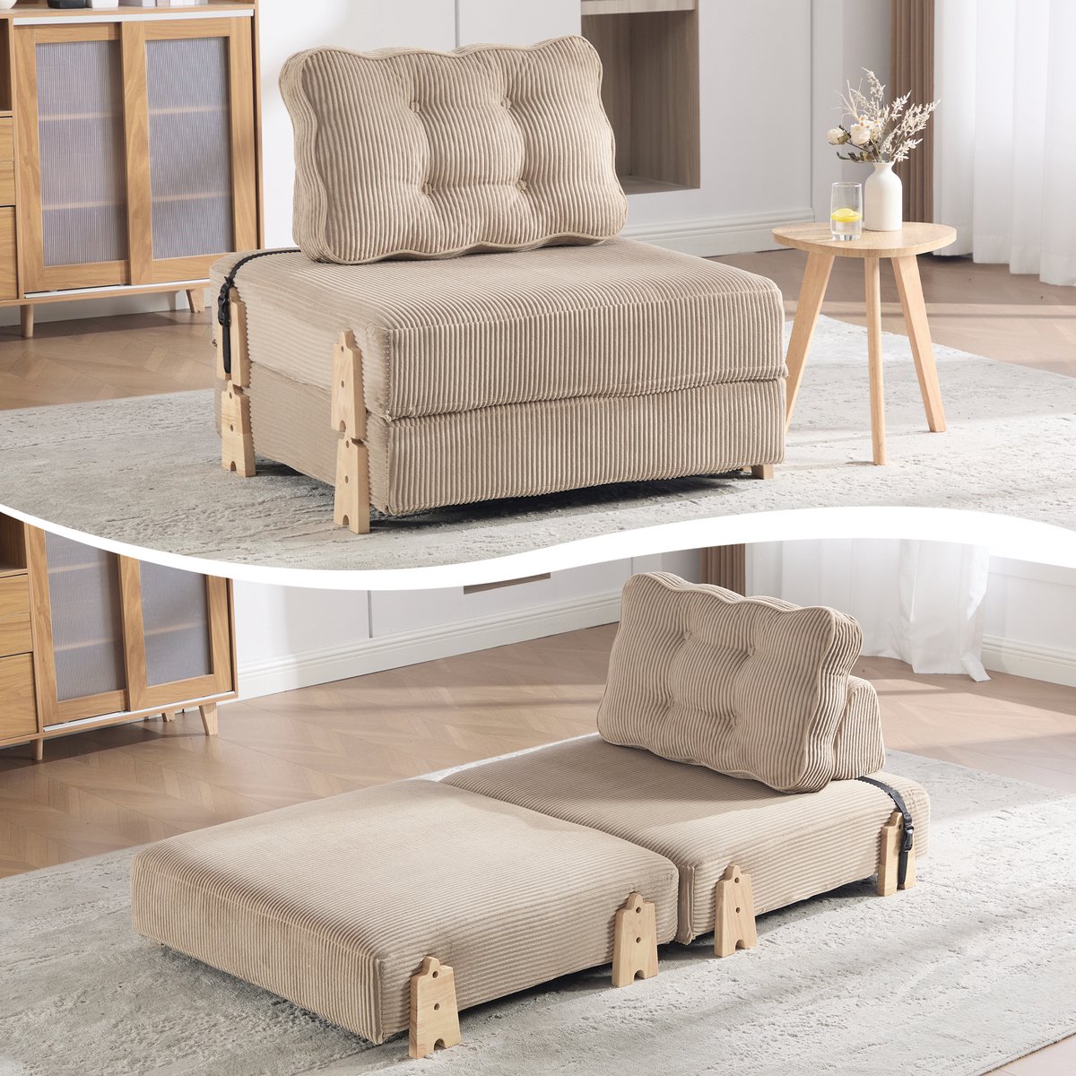 Comfortabele Scandinavische fauteuil van cord - Uitklapbare slaapbank - Klapbare eenzitsbank - Houten poten - Ideaal voor kleine appartementen en slaapkamers - Kaki kleur