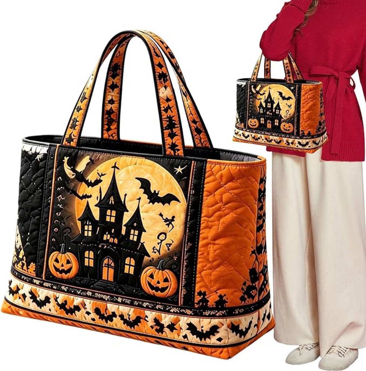 Schoudertas – Halloween-thema – Shopper – Halloween-elementen – Unisex – Grote inhoud – Opbergtas; ideaal voor het meenemen van spullen tijdens Halloween-uitjes.