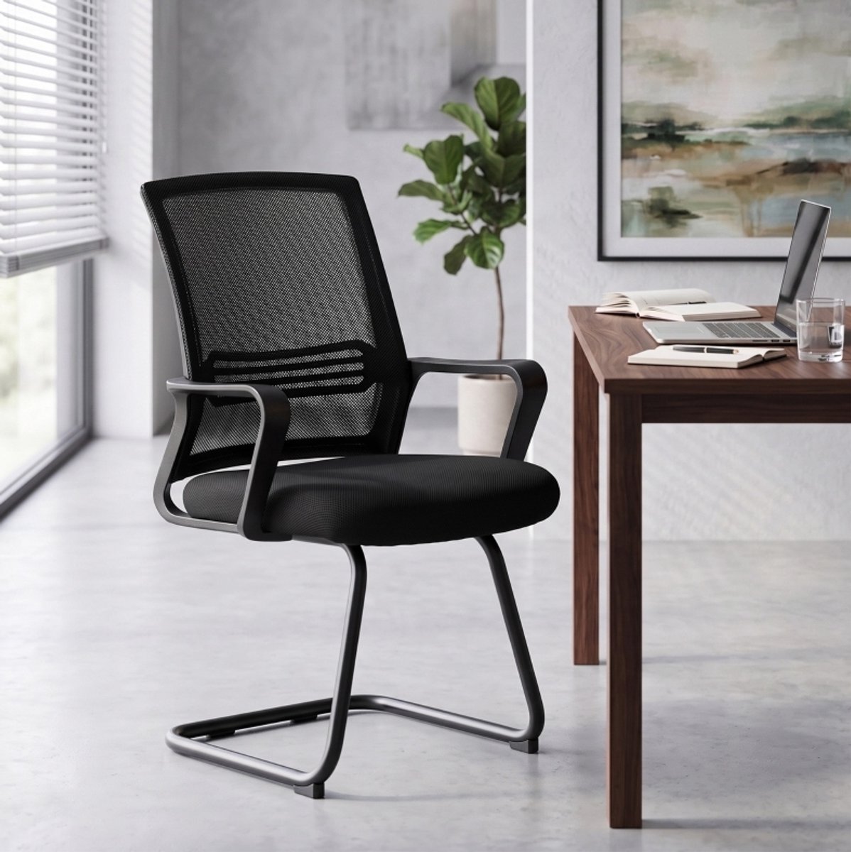 REDOM - Vergaderstoel 2 stuks - Ergonomische rugleuning - Zonder wielen - Met armleuningen - Moderne stijl - Vergaderzaal en ontvangstruimte - Mesh en metaal - Zwart - 58,5 x 57,5 x 93 cm