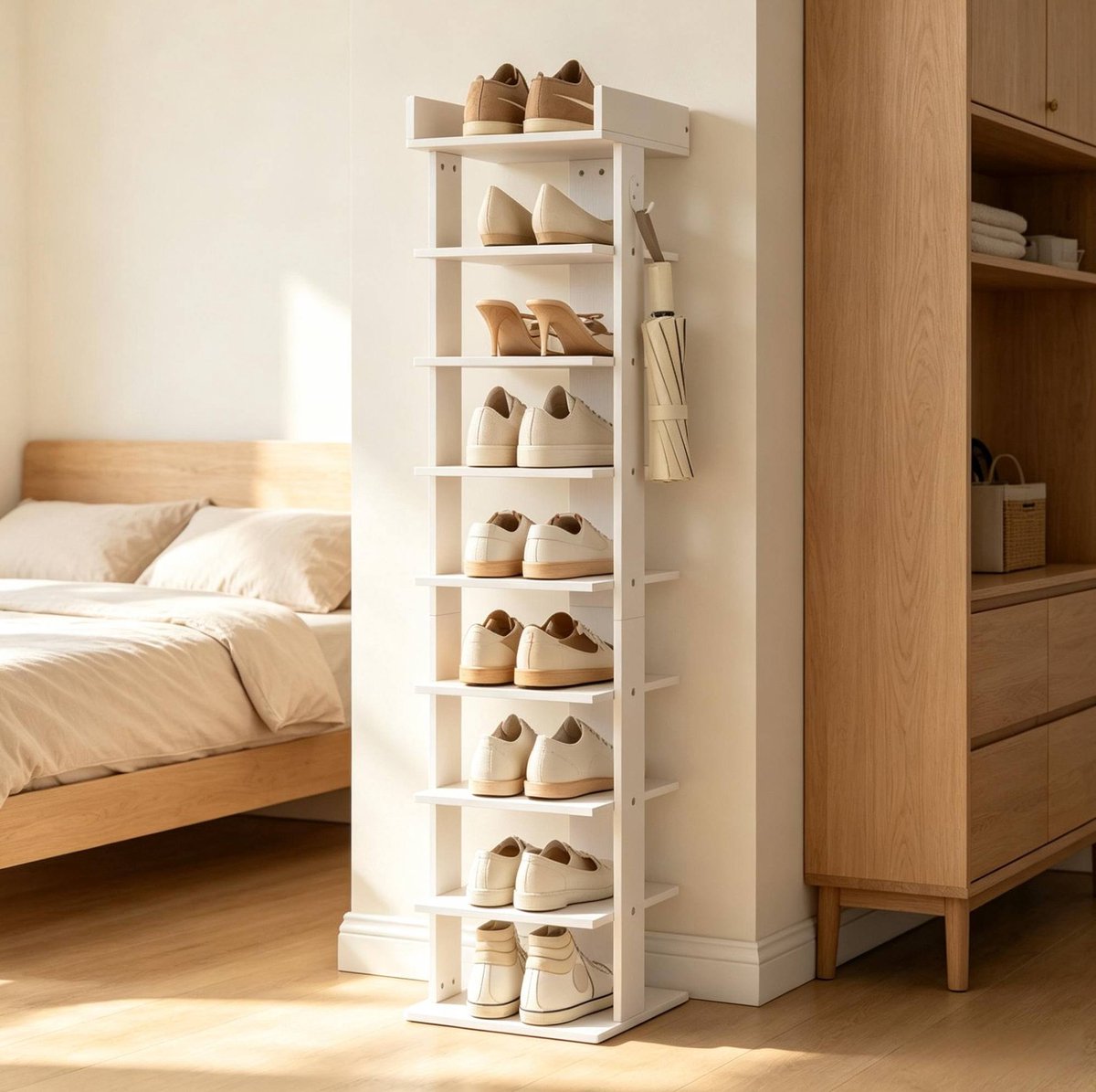REDOM - Schoenenkast - 9 etages open rek - Met bovenblad en 2 haken - Moderne stijl - Voor smalle gangen en hoeken - Spaanplaat - Wit - 30 x 30 x 128,4 cm