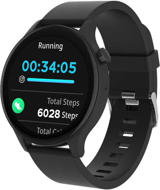 Zwarte smartwatch met wijzerplaat die "Running" toont, 00:34:05 tijd, en 6028 stappen.