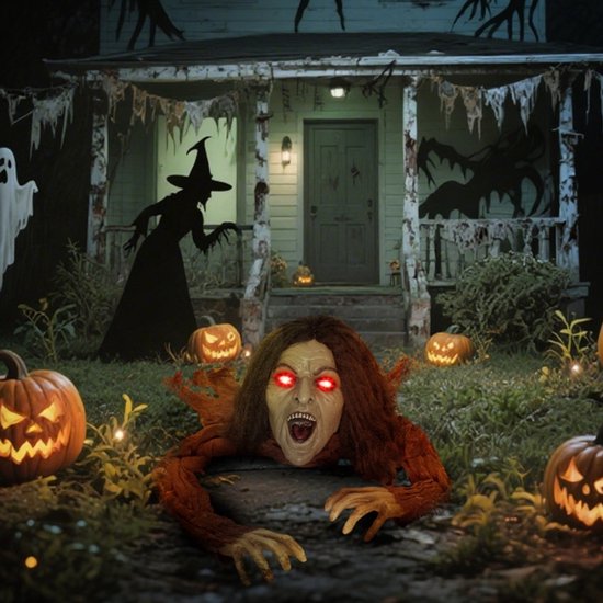 Figurine de zombie aux yeux rouges émergeant du sol dans un jardin effrayant, citrouilles et maison en arrière-plan.