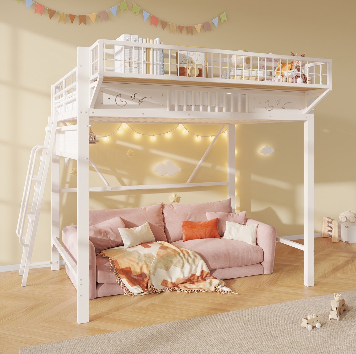 Hochslaper 140 x 200 cm - Metaalbed met staufakkers en open onderlaag, inclusief trap - Wit
