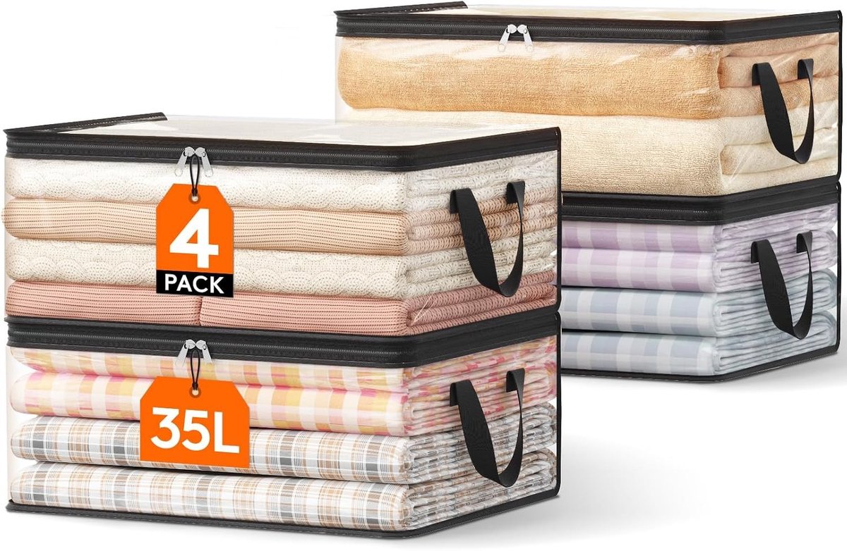 Transparante Opbergtas voor Kleding en Dekbedden, Set van 4, 35L, Ideaal voor Organisatie en Opslag, Versterkte Handgrepen en Deksel