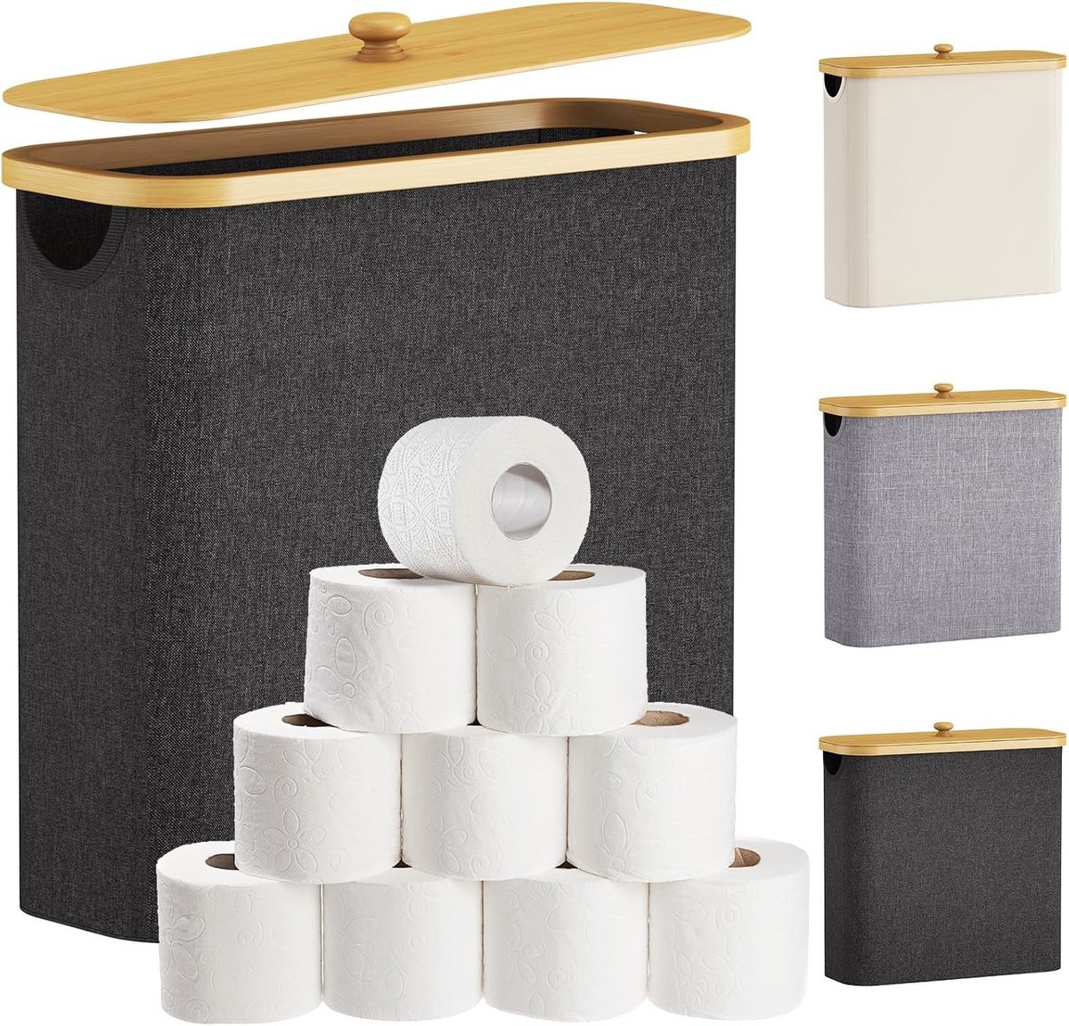 Toiletpapieropslag voor 12 tot 16 rollen, Vrijstaande mand met bamboe deksel, Opvouwbare organizer voor badkamer, 30L extra groot, Donkergrijs, Ruimtebesparend en praktisch