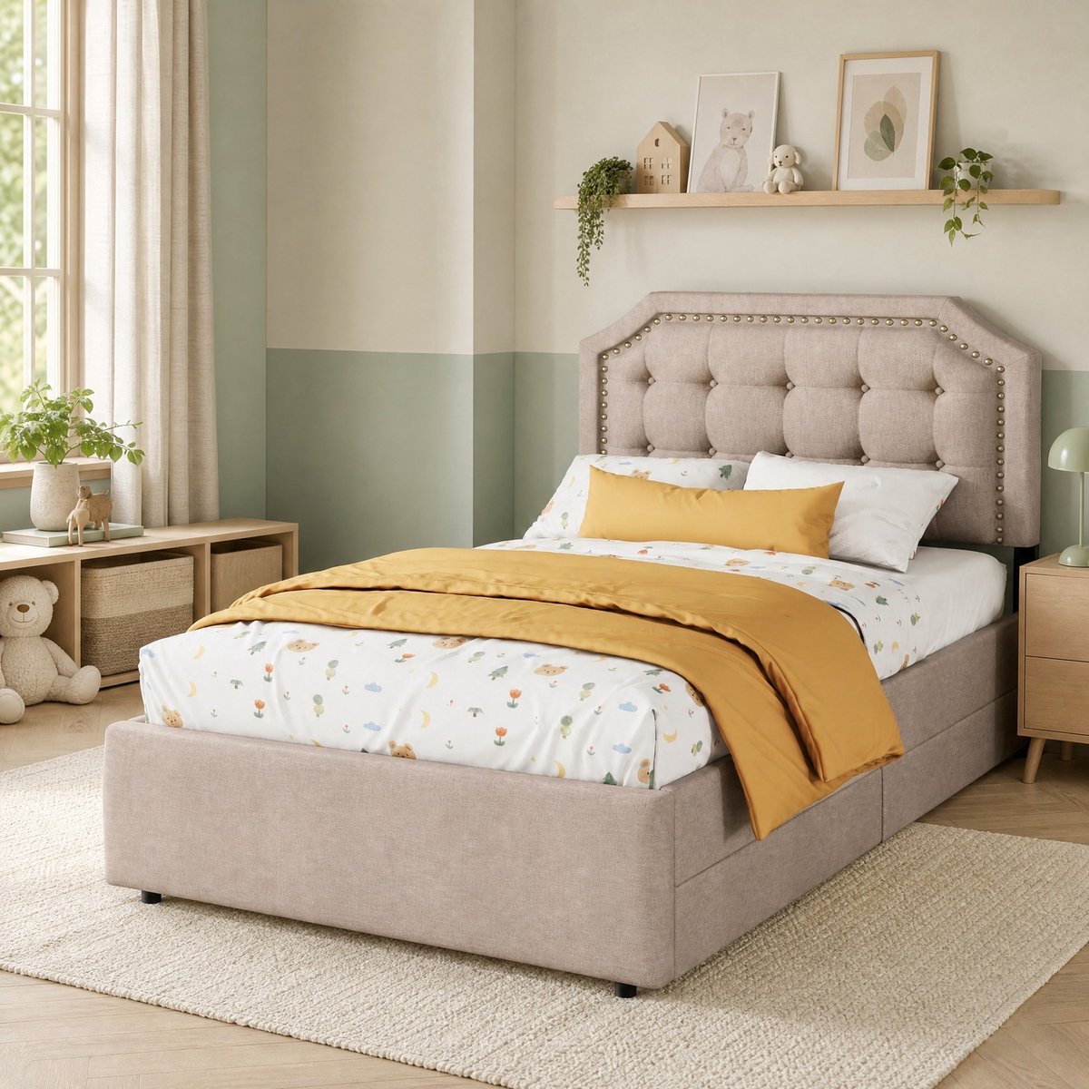 COVREO Bed met verstelbaar hoofdbord – 90x200 cm – Eenpersoonsbed met 2 lades – Bedframe met noppen – Beige - zonder matras