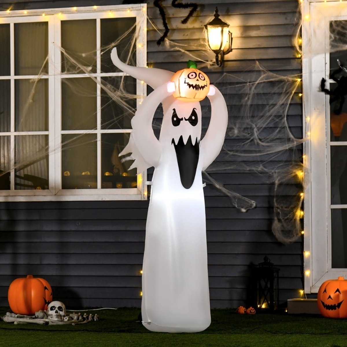 Opblaasfiguur Halloween Gespenst 180 Cm – Met Led Verlichting – Polyester – Wit – Voor Tuin En Terras Met Pompoenlantaarn