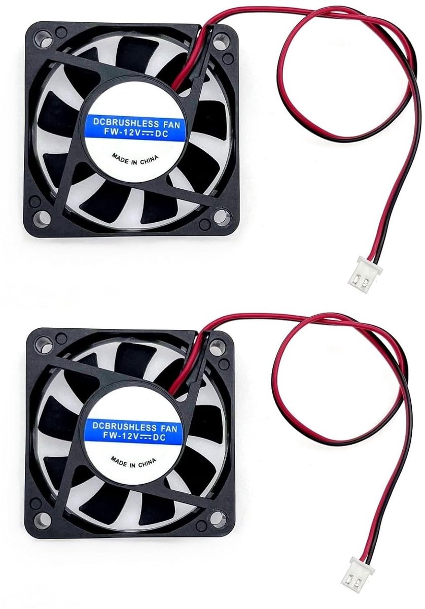 2 Stuks 60x60x15mm 2-pin DC 12V Mini Koelventilator - Stille Brushless 60mm Ventilator voor 3D Printer en Heatsink met Kabel