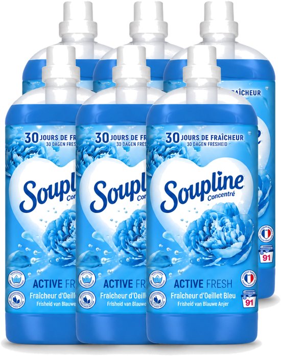 Lot de 6 bouteilles Soupline Active Fresh adoucissant. Liquide bleu vif avec fleurs et texte blanc et bleu.
