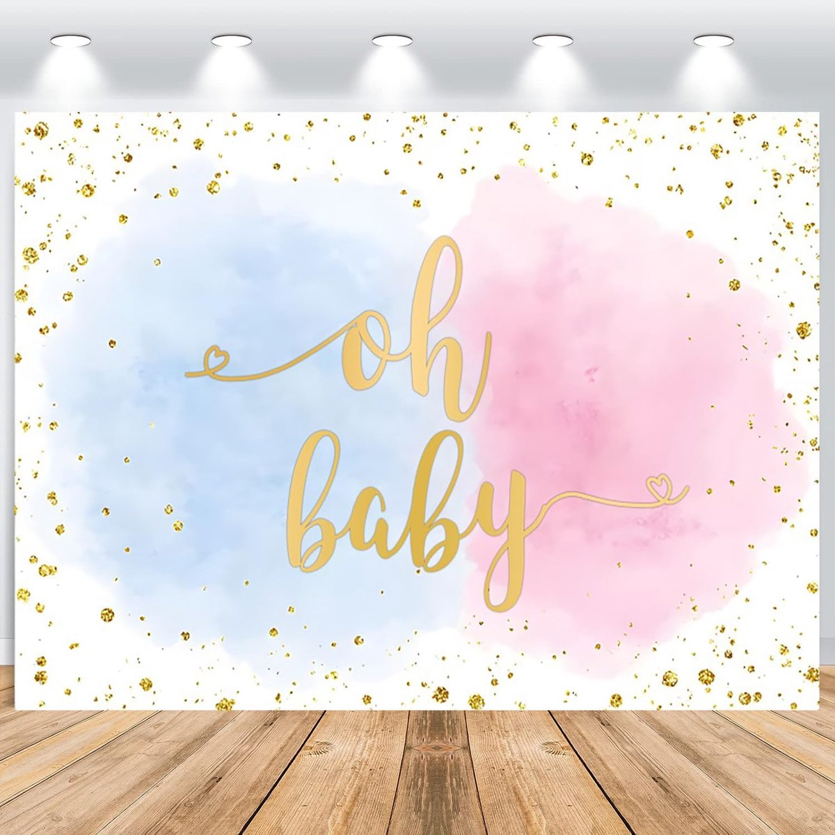 2.1x1.5m photo background gender reveal Oh Baby blue pink watercolor splash gold glitter photography background gender - ShopVlot