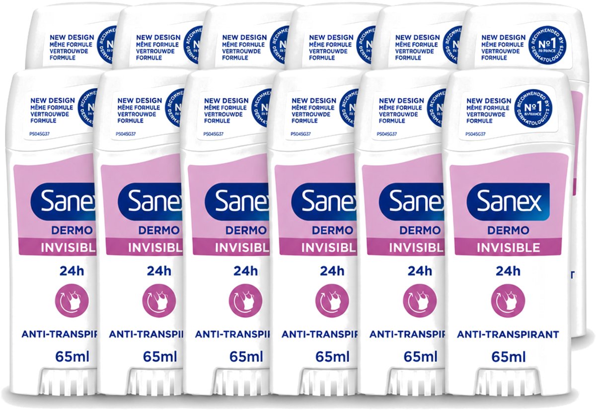 12 x Sanex – Deodorant Stick – Dermo Invisible – 65 ml - Voordeelverpakking - 12 stuks