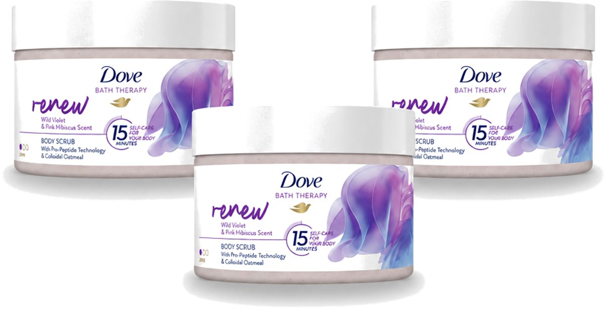 3 x Dove Bath Therapy Renew - Bodyscrub - Wilde Viooltjes & Roze Hibiscus - 295 ml - Voordeelverpakking - 3 stuks