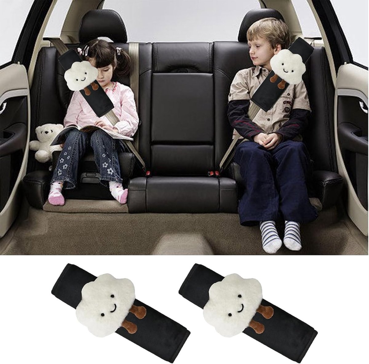 Veiligheidskussen voor Autogordel voor Kinderen - 2 Stuks, Bescherming tegen Snijden en Schuren, Schattig Wolkenpatroon, Comfortabel en Ademend