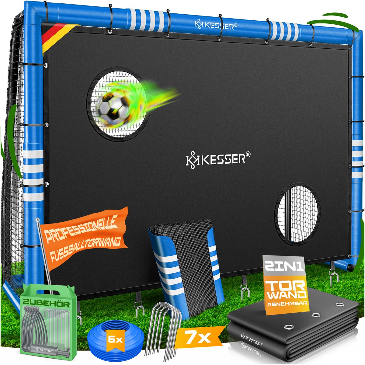 KESSER® Voetbaldoel - Stalen frame met bekleding - UV-bestendig net - 300 cm met doelwand - Blauw