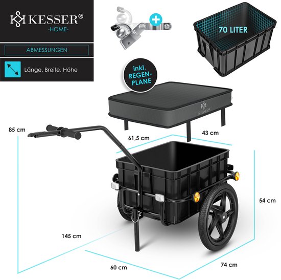 Zwarte fietskar met afmetingen: 145x60x54 cm. Inclusief regenhoes en 70 liter box.