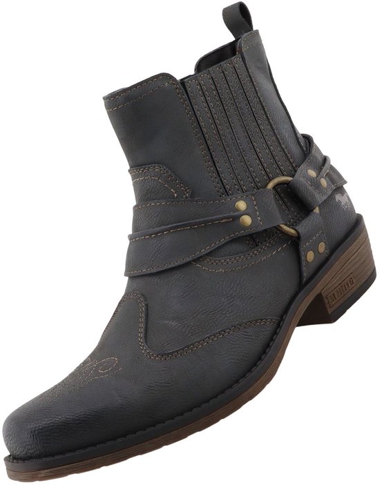 Bottine western grise avec détail de boucle, anneau bronze, surpiqûres décoratives et talon.