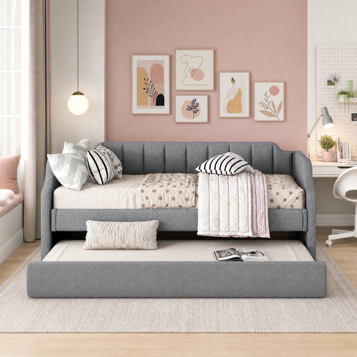 WUVRIE Grijze bedbank 90x200 cm met uitschuifbaar rolbed 90x190 cm, gestoffeerd voor slaapkamer Grijs