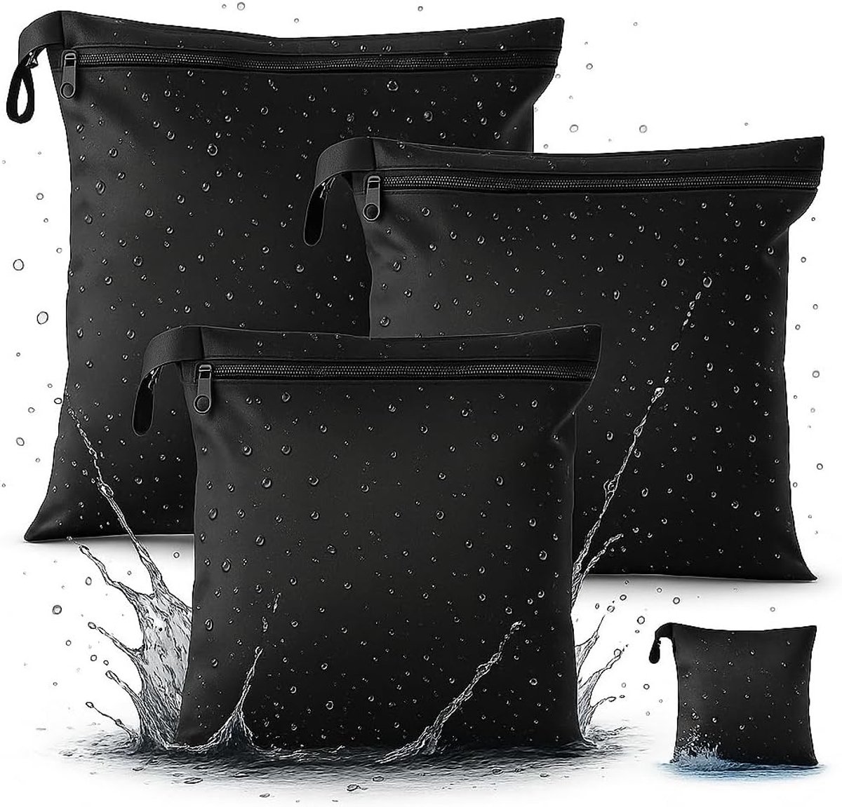 Set van 3 Waterdichte Multi-Functionele Tassen voor Luiers, Nat Badkleding en Handdoeken, Herbruikbaar en Wasbaar, 3 Verschillende Maten, Zwart, 22x28.5cm, 30x14cm, 40x48.5cm