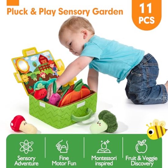 Baby Speelgoed 6-12 Maanden - Fruit en Groenten Tuin Plant Boerderij Pluche - Montessori Sensorisch Speelgoed voor 6 Maanden - Wortel en Bloem met Ramelaar, Spiegel, Pieper en Knisper - Cadeau voor Baby's 9 Maanden - Stimuleert Zintuigen en Motoriek van casalora — afbeelding 5
