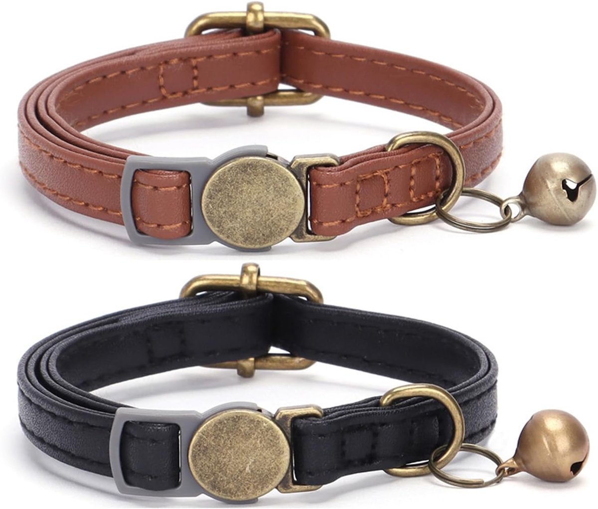 SnelShoppen - Kattenhalsband voor katten, 2 stuks, Leren kattenhalsband met bel, Verstelbare halsband met veiligheidssluiting, Zachte en robuuste lere