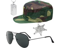 4 Piece Military Costume Set, Camouflage Hat, Sunglasses, Identification Board, Jewelry Badge, Military Party - ShopVlot