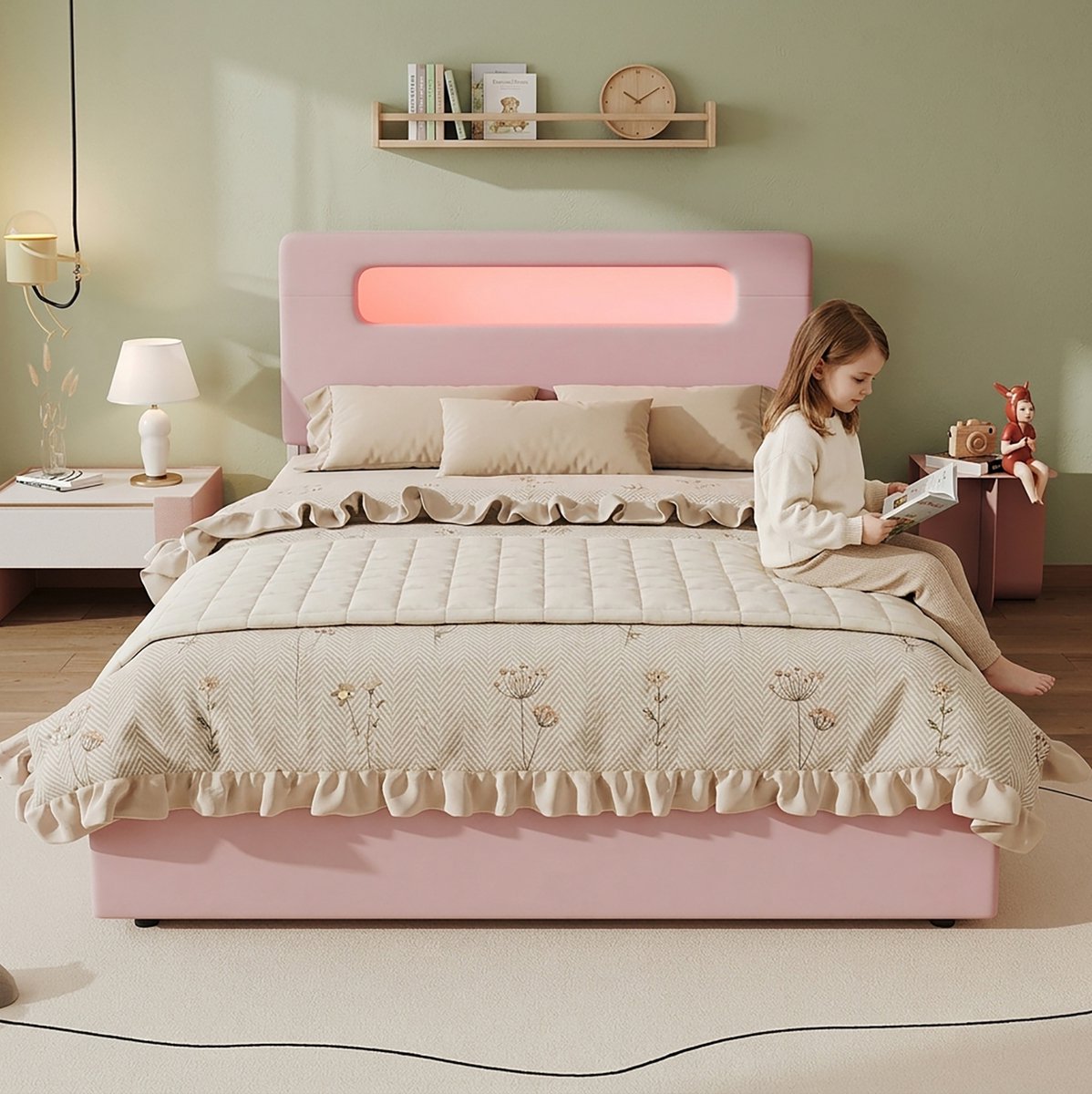STILVORA Gestoffeerd Kinderbed 140x200 cm – Fluwelen Bed Met Appgestuurde Ledverlichting – 4 Laden En Hoofdbordopberging – Zonder Matras – Roze