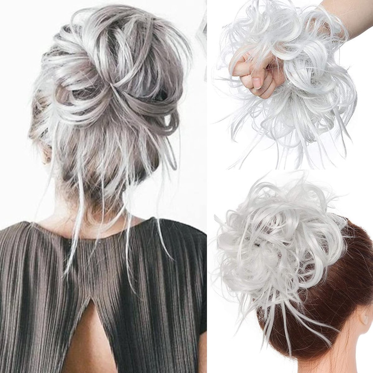 Sego Hairpiece, Hair Band, Loose Bun, Scrunchie, Updo Hair Extensions, Curly Messy, 45 g, Silver Grey - ShopVlot