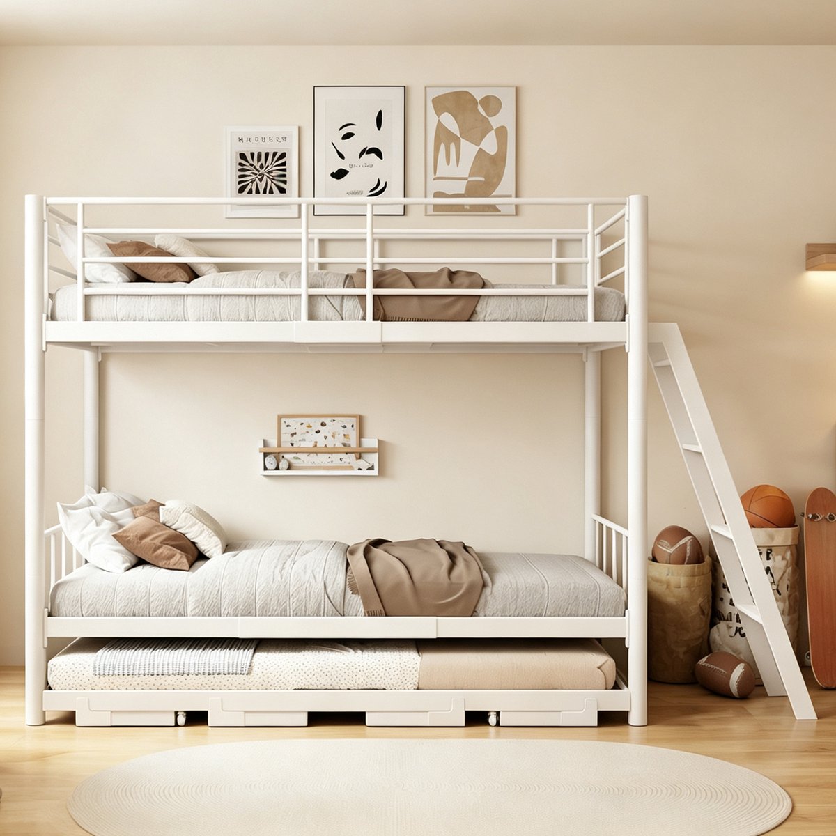 DESMIU Metalen Stapelbed 90 x 200 cm – Uitschuifbaar Onderbed Tot 180 x 200 cm – Kinderbed Met Ladder – Zonder Matras – Wit