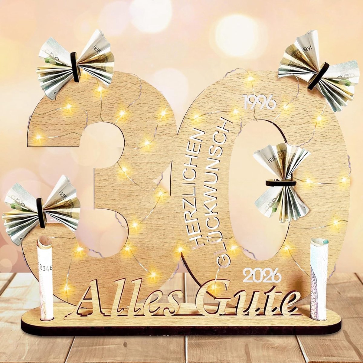 Gifts for the 30th birthday woman man, wooden board guest book, money gifts birthday 30 with led light chain stand - ShopVlot