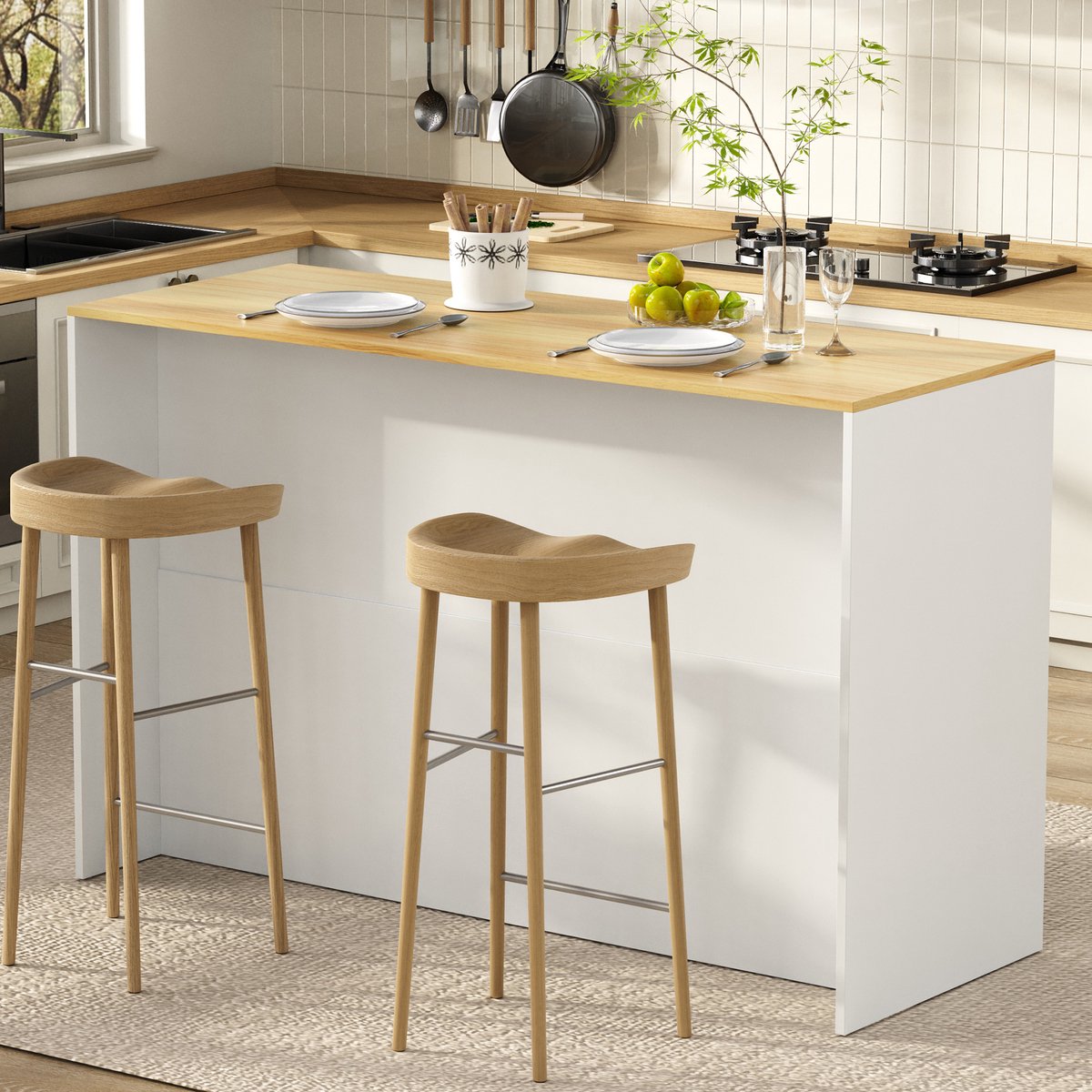 DESMIU Keukeneiland – LED-Verlichting – 135 x 55 x 91 cm – MDF en Spaanplaat – Wit – Vrijstaand met Lades en Verstelbare Legplanken