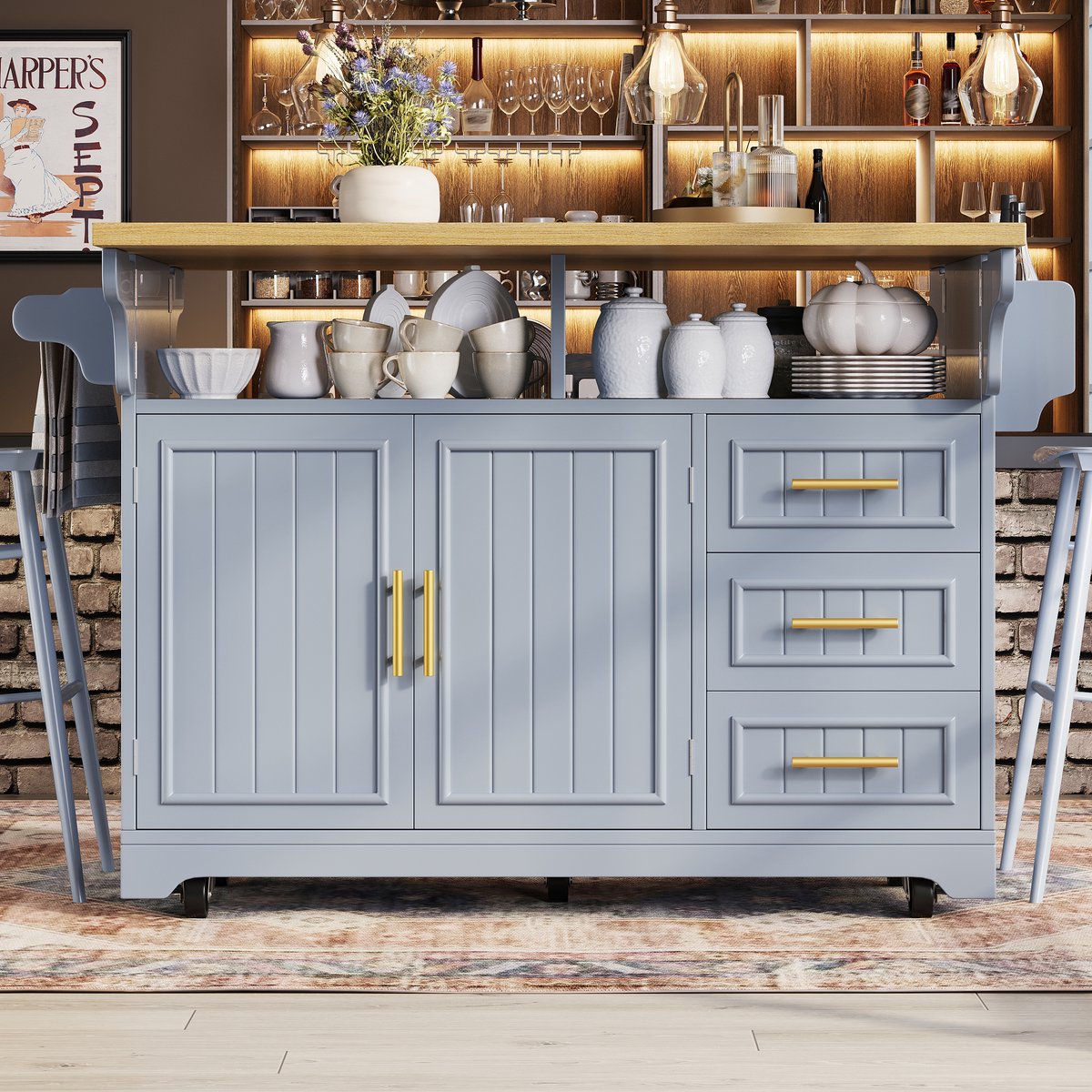 Keukenkast – Uitklapbare Werkbladen – 120 x 40 x 95 cm – MDF en Metaal – Blauwgrijs – Met Wielen – 3 Lades