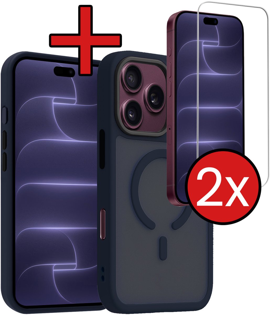 Hoesje - Met 2x Screenprotector - Geschikt voor Apple iPhone 18 Pro - Magsafe Compatible - Sterk & Shockproof - Shock Proof Case - Back Cover - Telefoon Hoes - Telefoonhoes - Donkerblauw