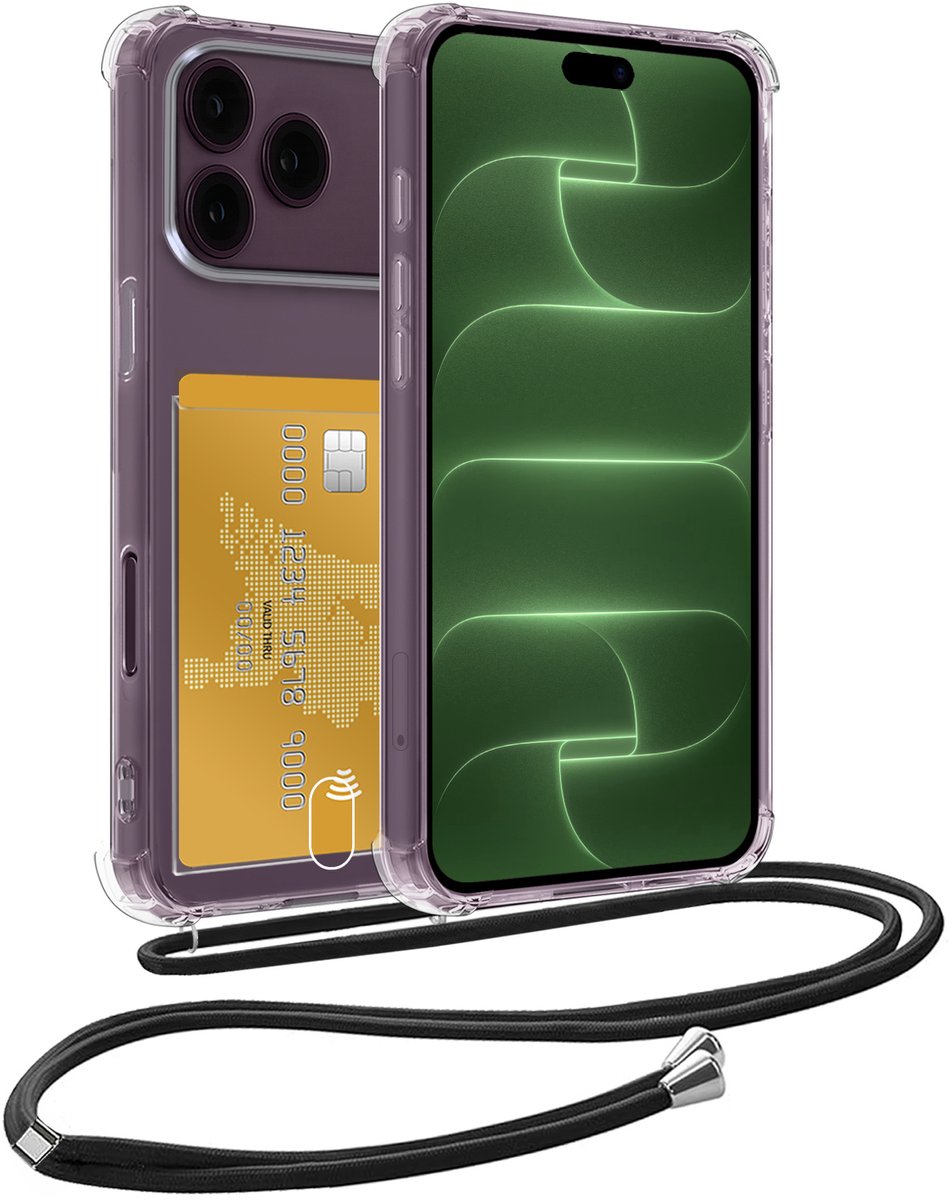 Hoes Geschikt voor iPhone 18 Pro Max Hoesje Pas Houder Shock Proof Case Hoes Met Koord - Hoesje Geschikt voor iPhone 18 Pro Max Hoes Met Telefoonkoord Pasjeshouder Cover - Transparant