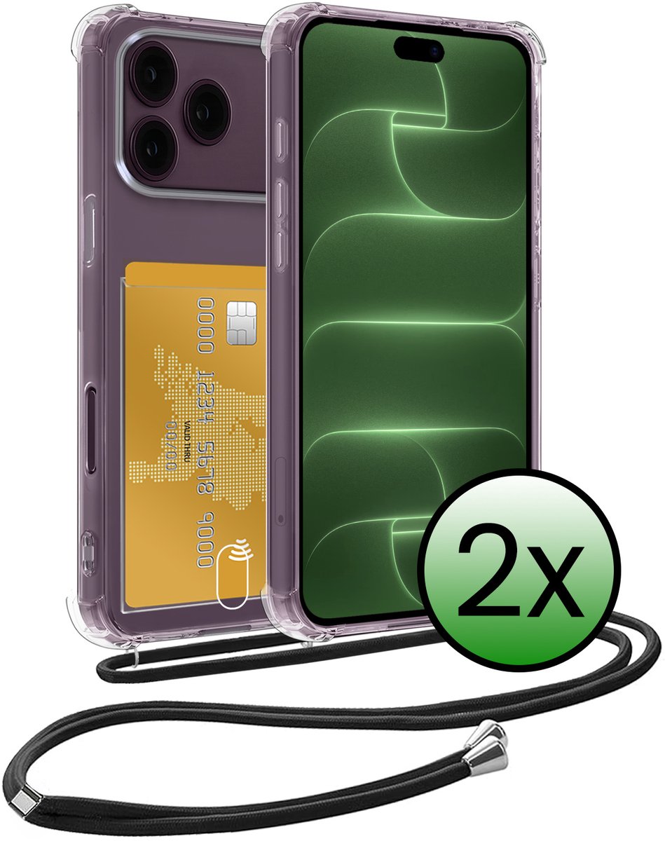 Hoes Geschikt voor iPhone 18 Pro Max Hoesje Pas Houder Shock Proof Case Hoes Met Koord - Hoesje Geschikt voor iPhone 18 Pro Max Hoes Met Telefoonkoord Pasjeshouder Cover - Transparant - 2 Stuks